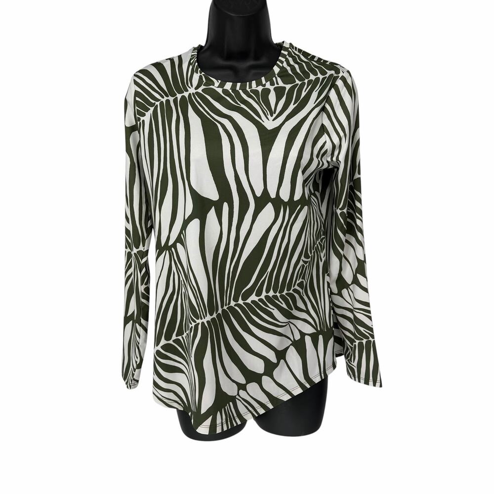 Chico's White & Green Print Long Sleeve Pullover Shirt Sz 0 (Small)